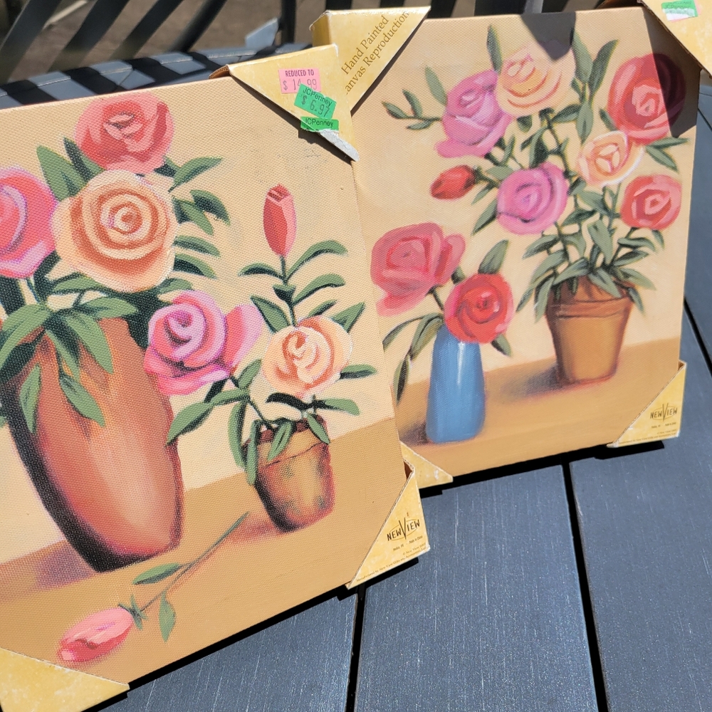 Handpainted Canvas Floral Art (2) ~ Cottage ~ Boho ~ NOS/NWT from 2005 ~ Pretty!